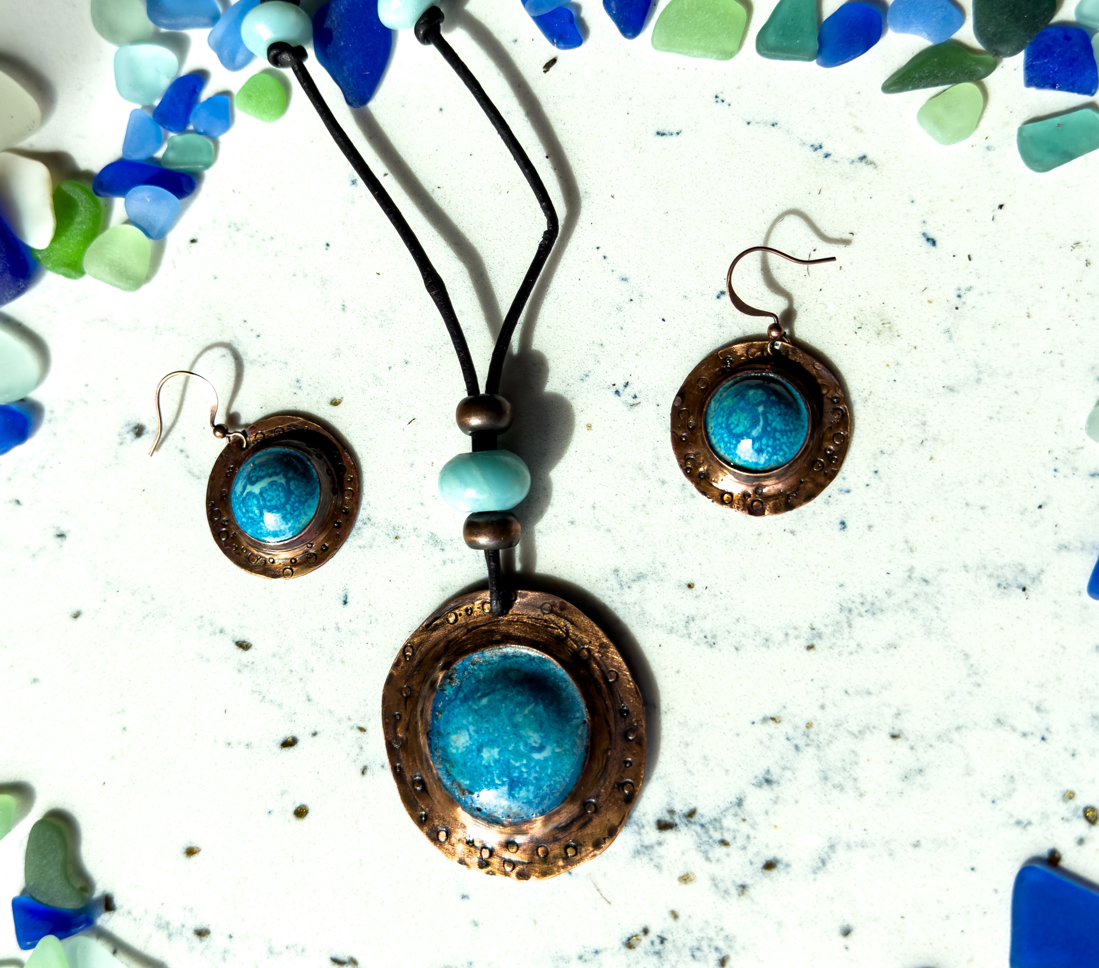 Textured Copper and Enamel Earrings and Necklace